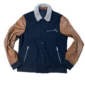 All Saints Mens L Bomber Jacket BIWA Wool Leather Black Varsity Y2K Streetwear